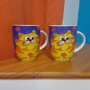 Cat Mugs 1st Cup by Konitz set of 2, orange and blue made in Thailand coffee tea
